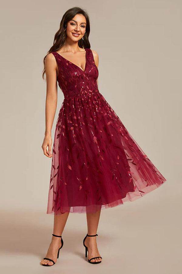 A-Line Tea Length Glitter Dress CM0195 - COCOMELODY